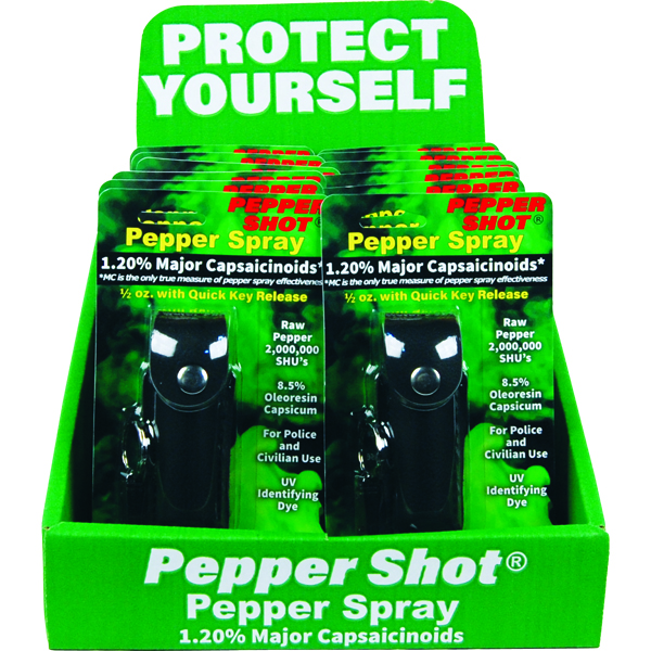Pepper Shot 1.2% MC 1/2 oz pepper spray leatherette holster and quick release keychain black view 6